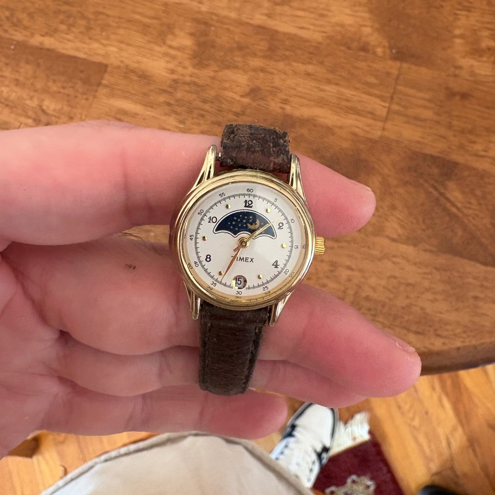 Timex Gold Case Watch with Brown Leather Strap and Moonphase Dial